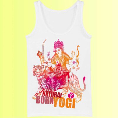 weisses yoga tank top mit farbigem aufdruck der indischen göttin durga