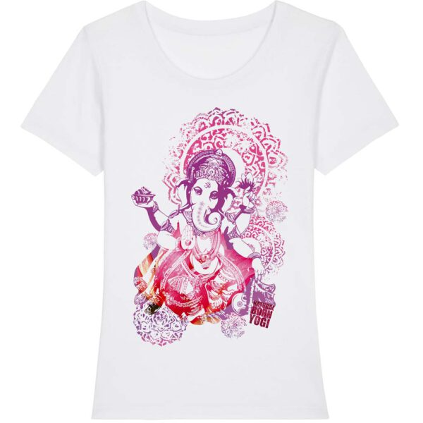 Elefantengott Ganesha auf weißem Yoga Shirt von Naturalbornyogi.